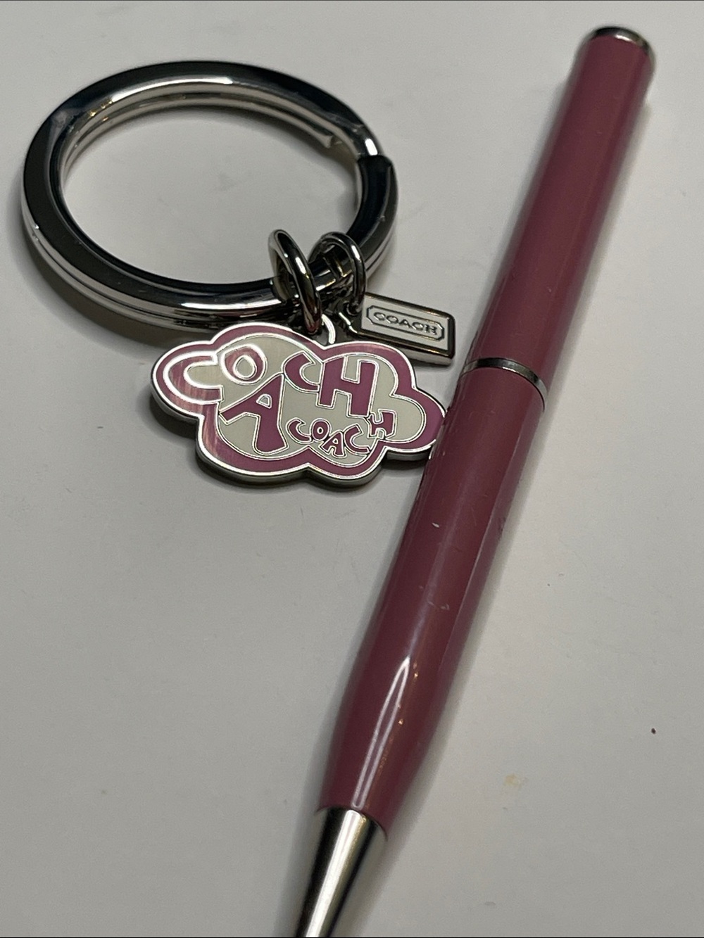 Coach Pink Enamel Logo Key Ring with Pink Coach Pen
